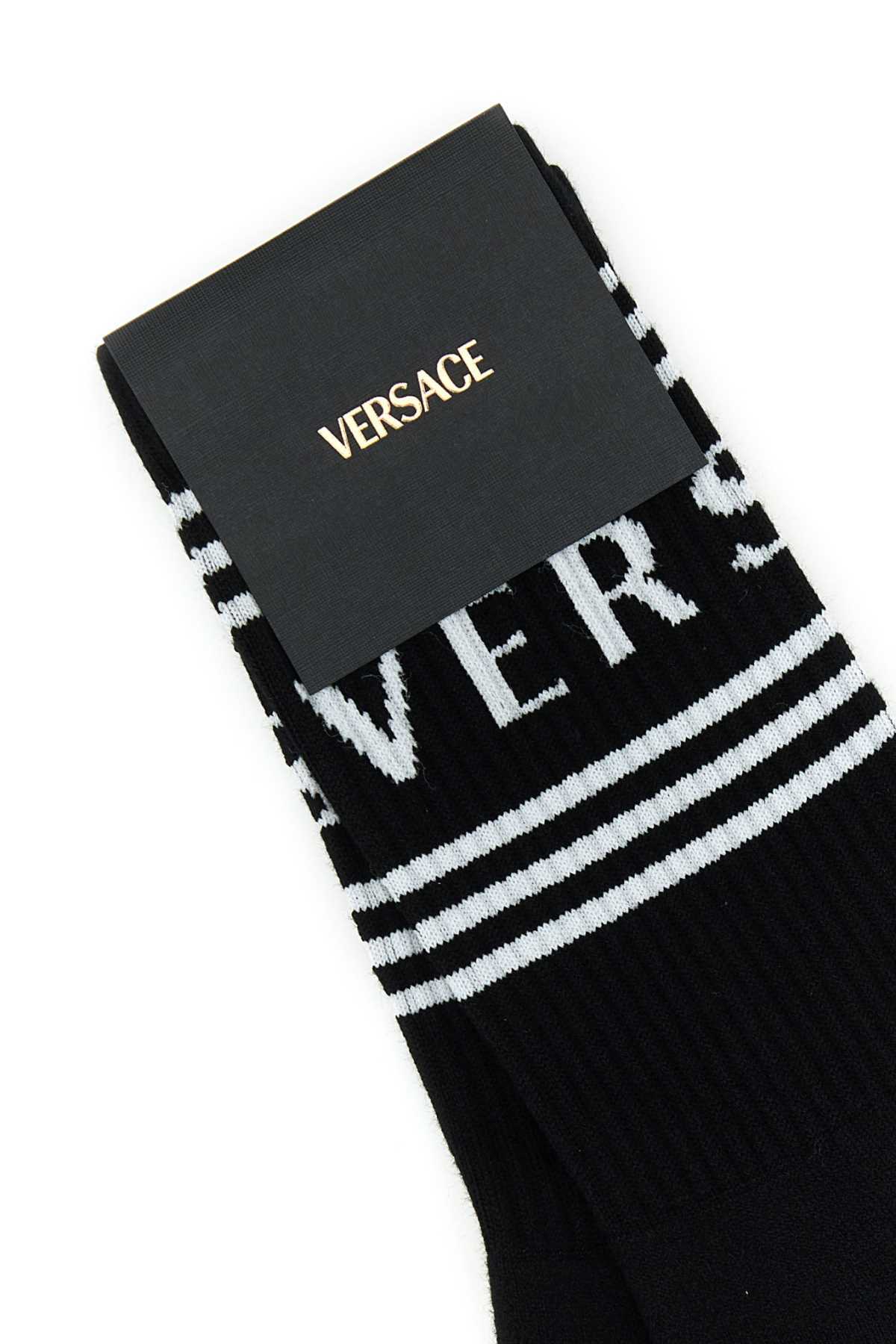 Versace Logo Inlaid Knitted Socks In Black