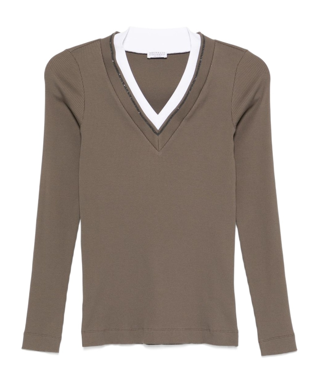 Brunello Cucinelli Ribbed V-neck Embellished T-shirt In Brown