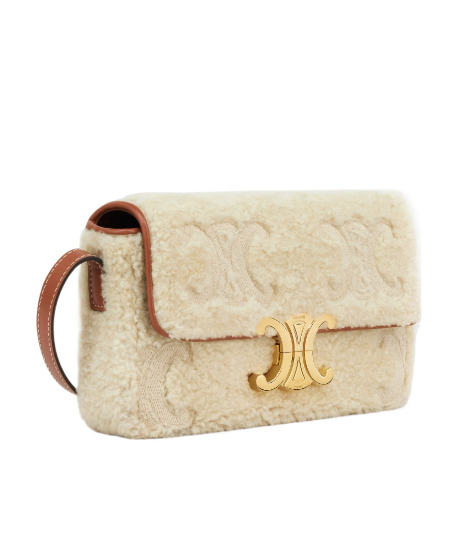 Celine Triomphe Embroidered Shoulder Bag In Natural/tan
