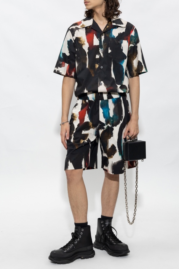 Alexander Mcqueen Cotton Bermuda Shorts With All-over Graffiti Acquerello Print In Black