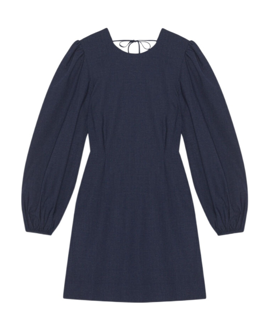 Ganni Long-sleeved Open-back Minidress In Dark Blue