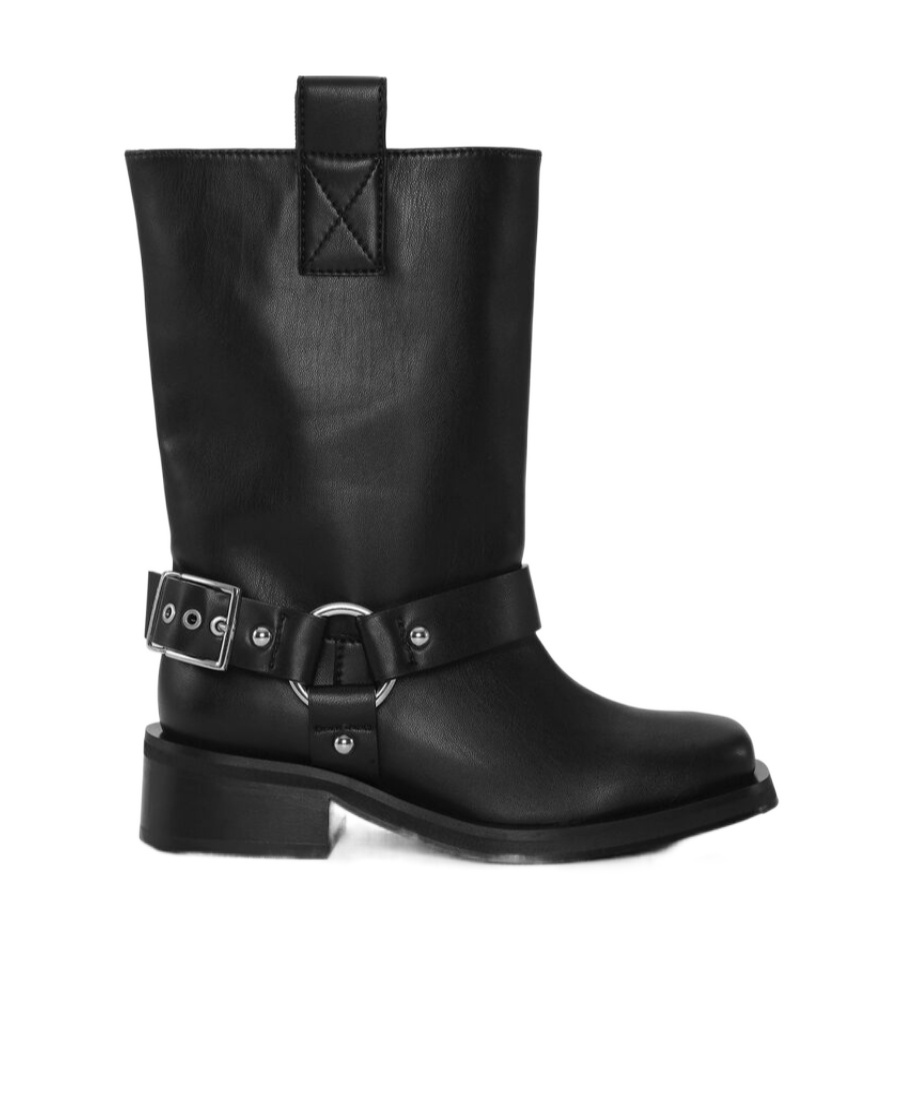 Ganni Mid Calf Recycled Leather Biker Boots In Black