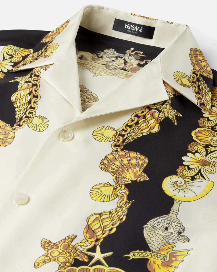 Versace Coral Teater White Bowling Shirt With Cuban Collar And All-over Print In Silk Man In Black