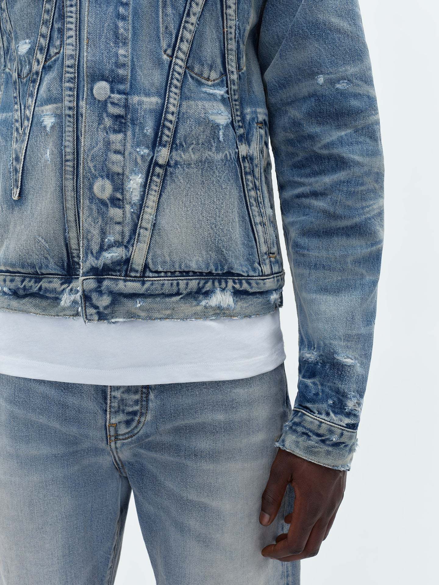 Amiri Ma Distressed Denim Trucker Jacket In Blue