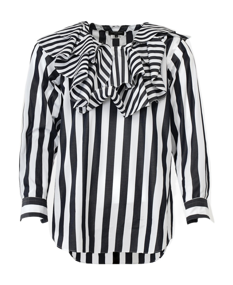 Comme Des Garçons Striped Shirt With Lotus Leaf Edge In Black