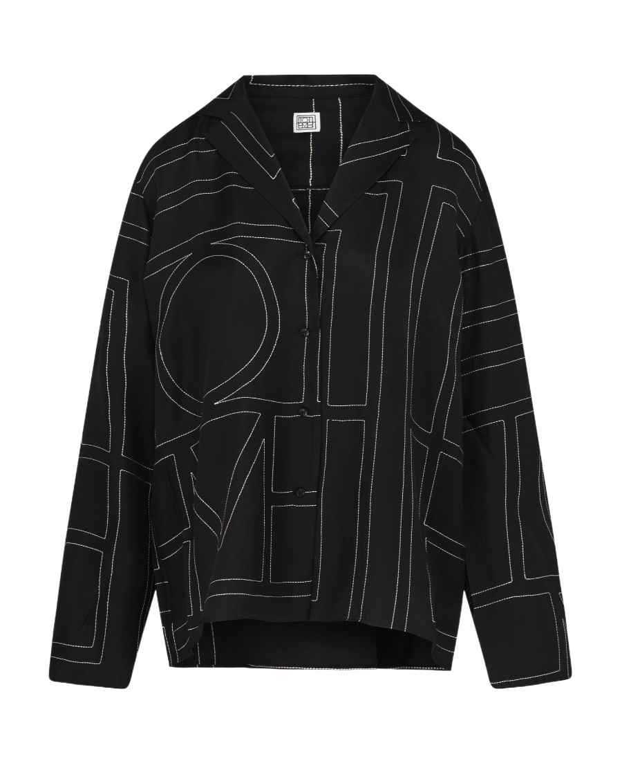 Totême Monogram Embroidered Silk-twill Shirt In Black