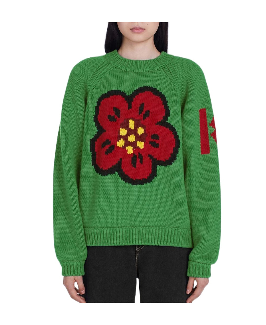 Kenzo Boke Flower Motif Embroidered Sweater In Green