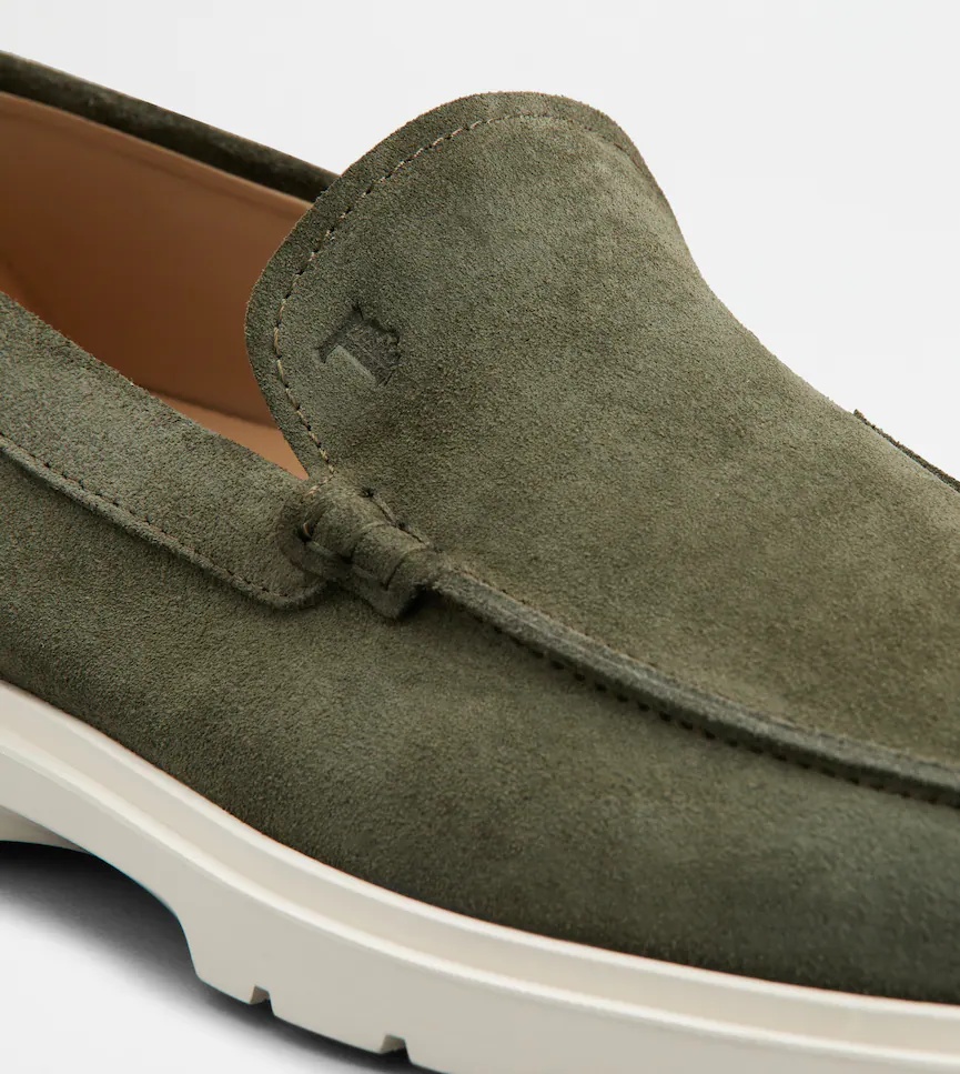 Tod's Round Toe Suede Loafers With Decorative Stitching In Green