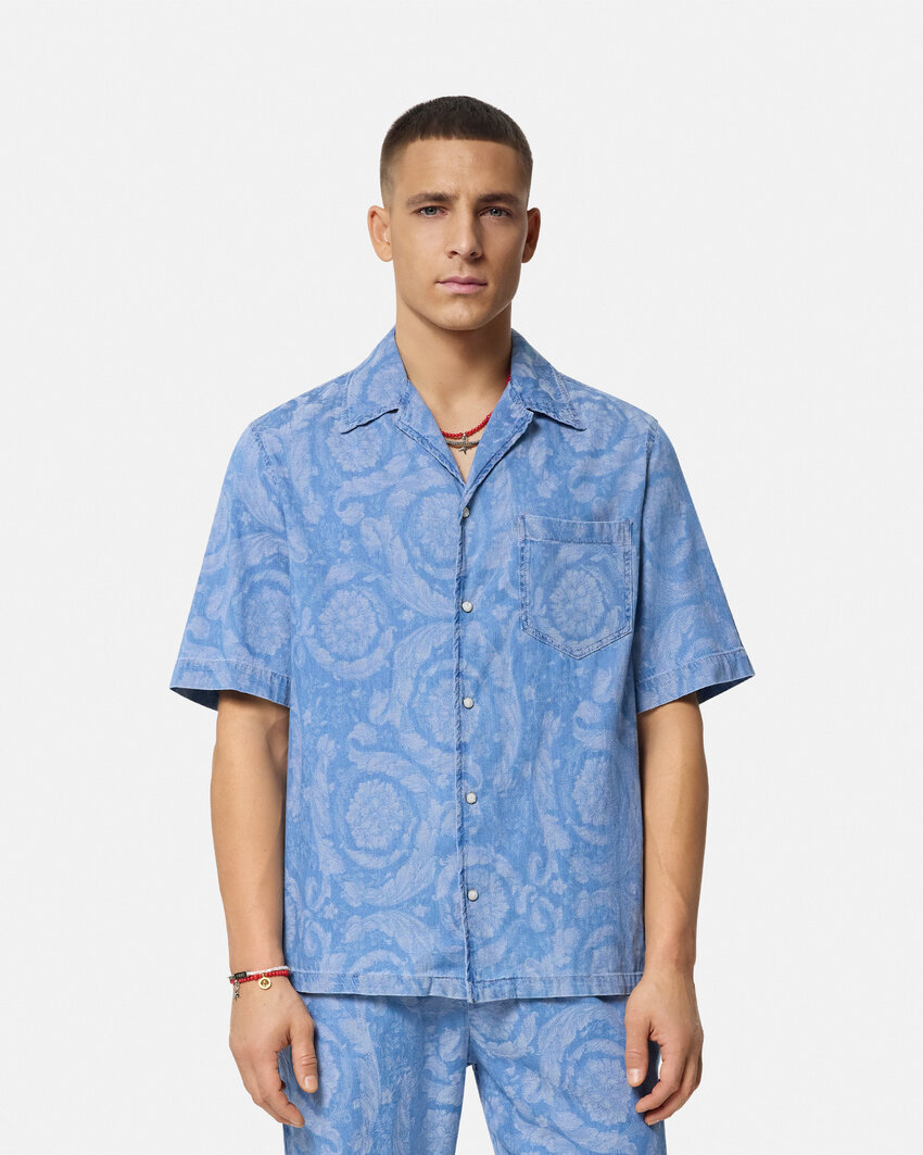Versace Barocco Print Chambray Denim Shirt In Blue