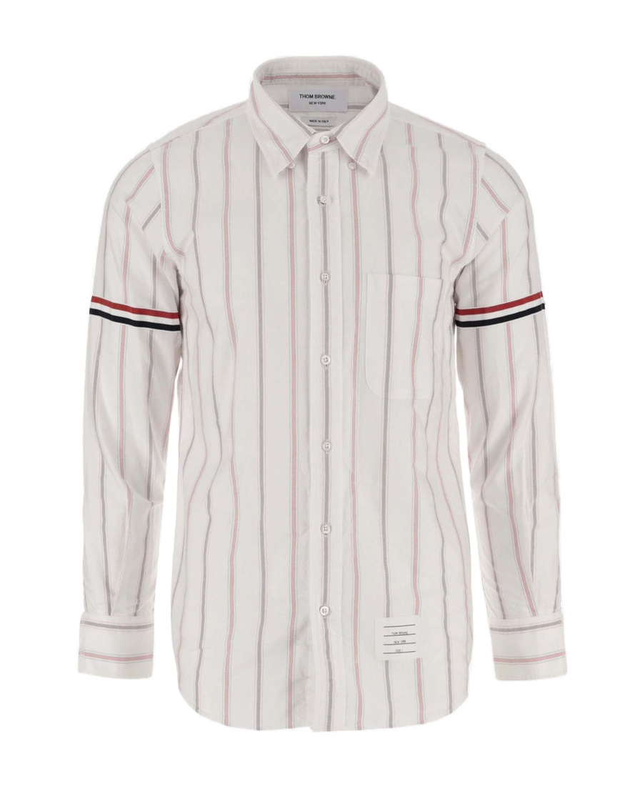 Thom Browne Straight Fit Stripe Grosgrain Band Button-down Shirt In Neutral