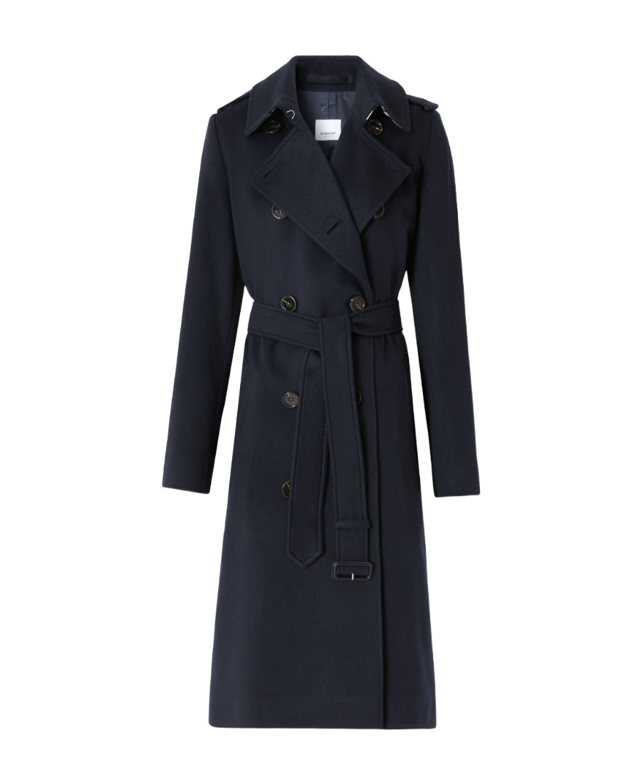 Burberry Kensington Double Breasted Cashmere Trench Coat In Blue