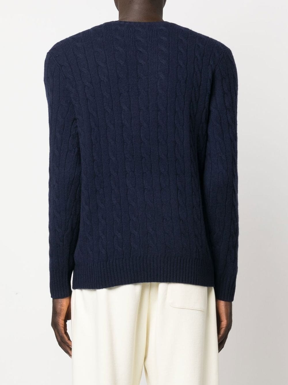 Polo Ralph Lauren Blue Cable Knit Crewneck Sweater With Pony Embroidery On The Front In Wool And Cashmere Man