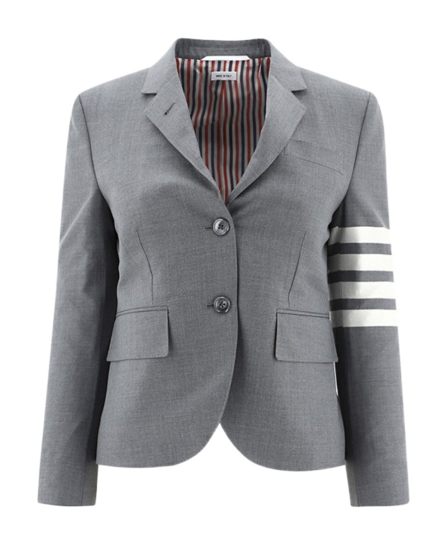 Thom Browne Four-bar Stripe Wool Cropped Single Breasted Blazer In Gray