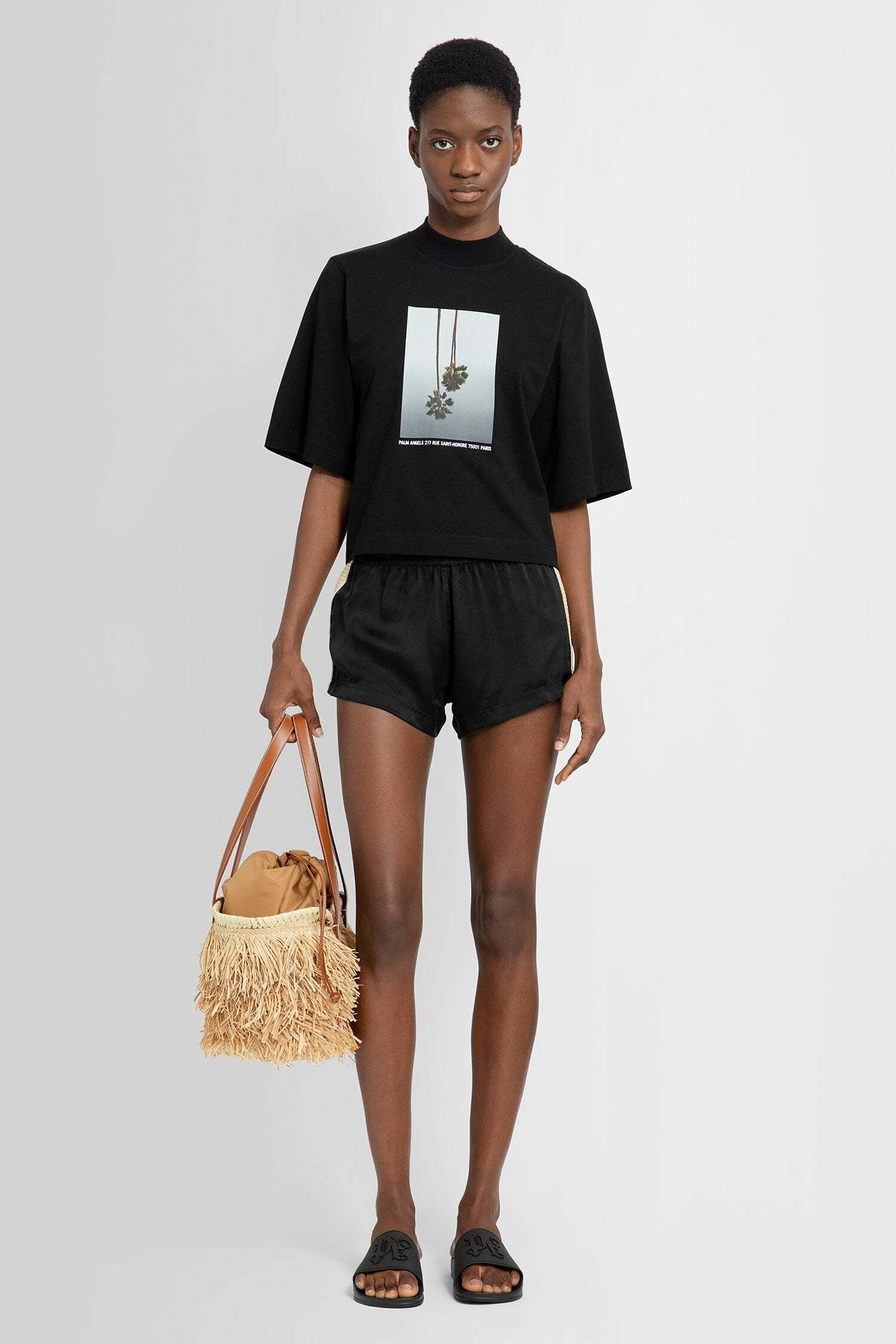 Palm Angels Cropped Short-sleeve T-shirt With Upside-down Palm Tree Graphic In Black