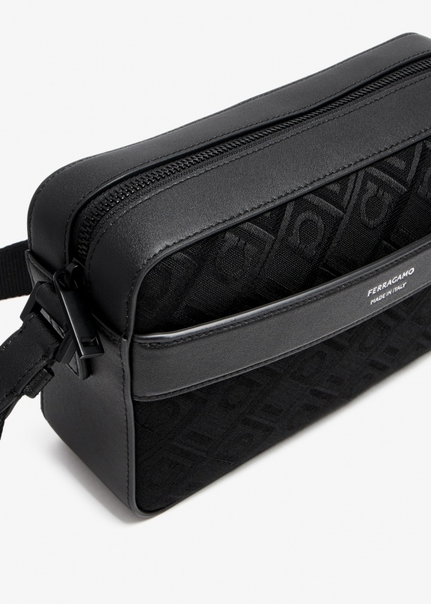 Ferragamo Gancini-jacquard Leather Messenger Bag In Black