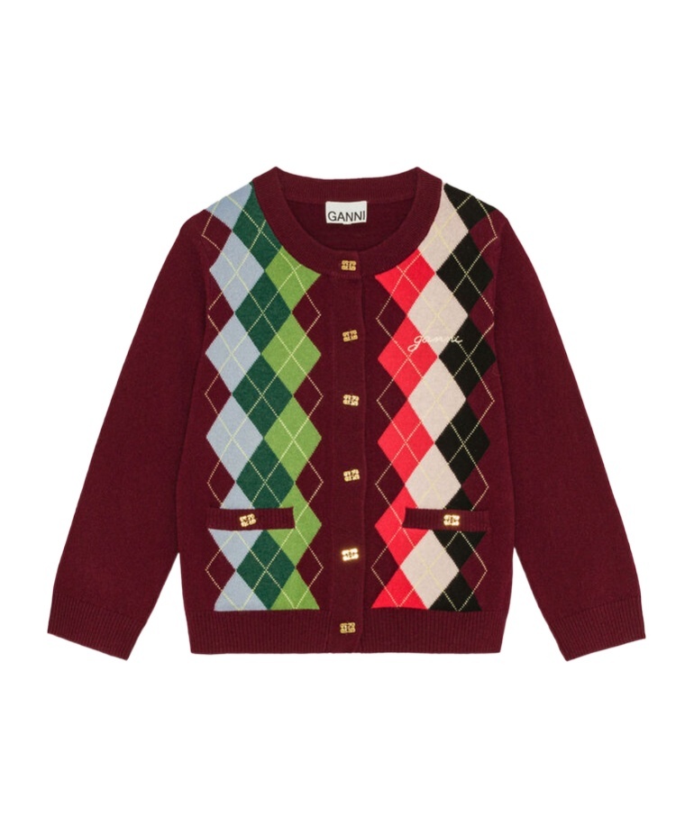 Ganni Burgundy Checked Cardigan In Cashmere Blend Women In Multi