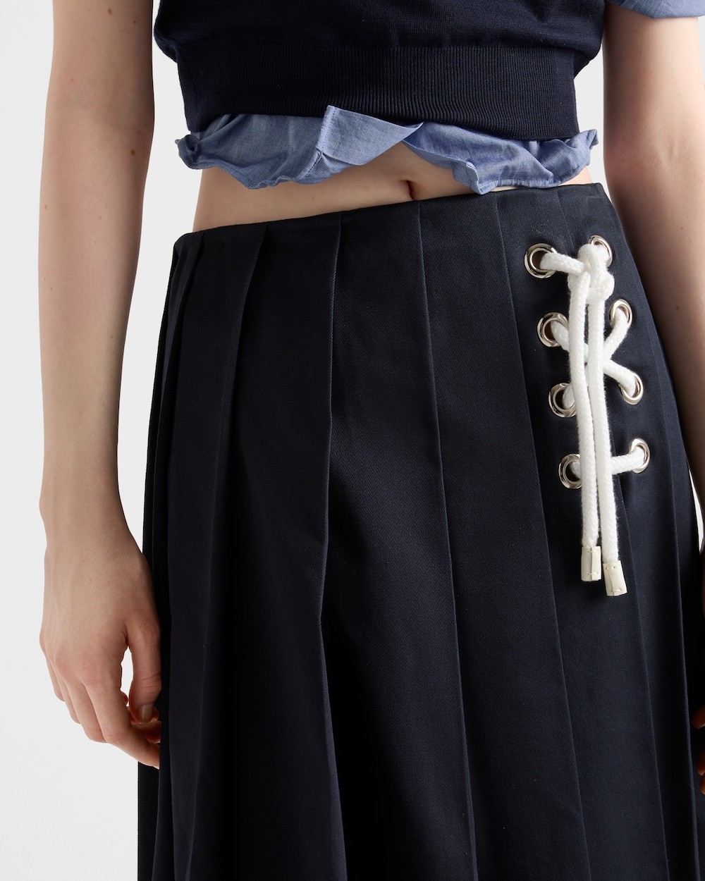 Prada Womens Blue Pleated Lace-up Stretch-cotton Midi Skirt In Navy Blue