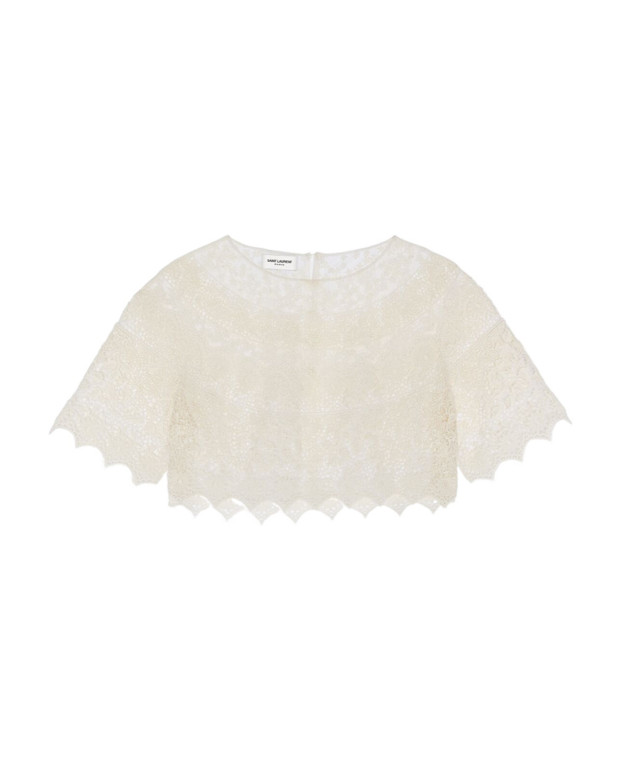 Saint Laurent Short Embroidered Lace Blouse In White