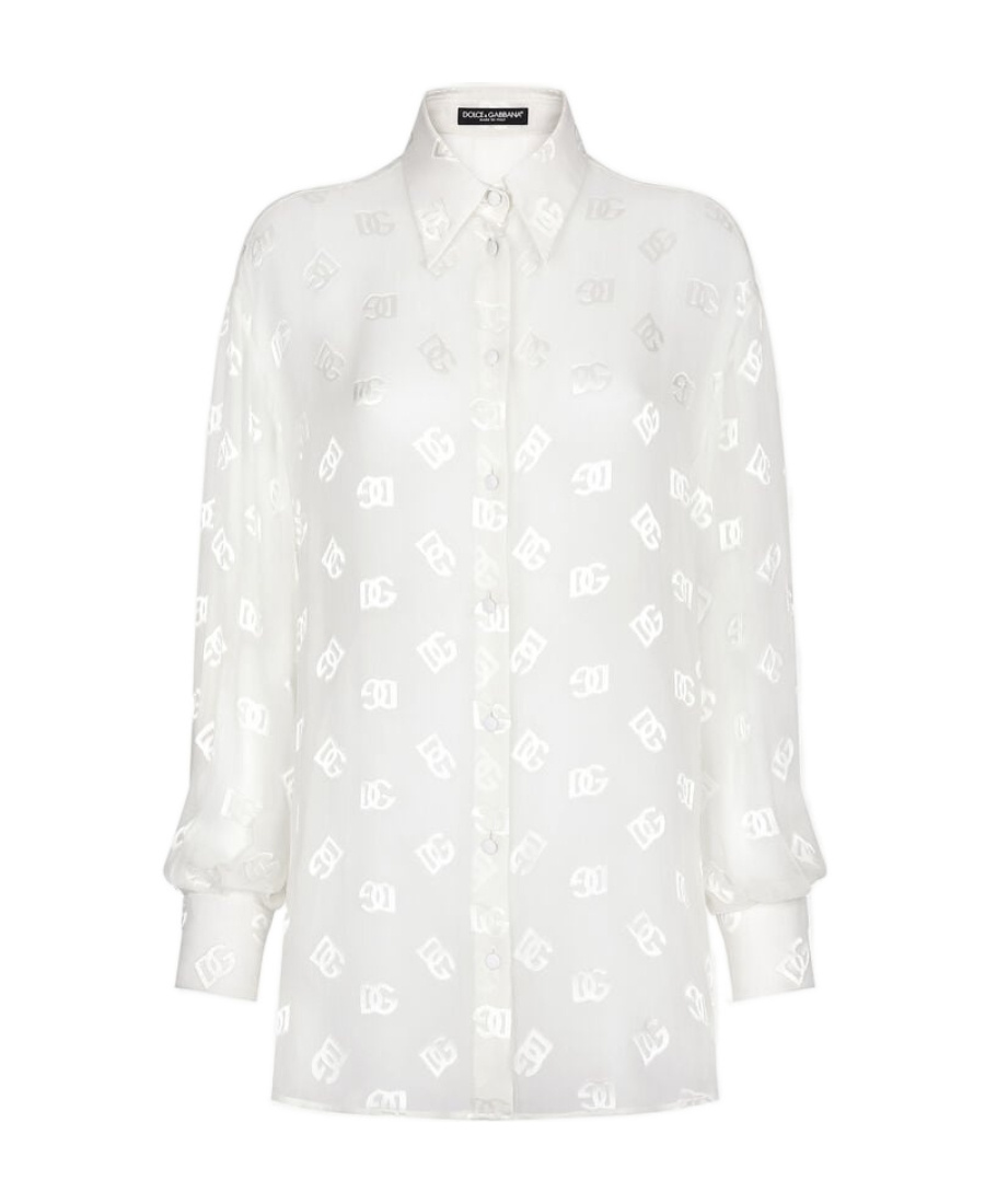 Dolce & Gabbana Devoré Satin Pussy-bow Shirt With All-over Dg Logo In White