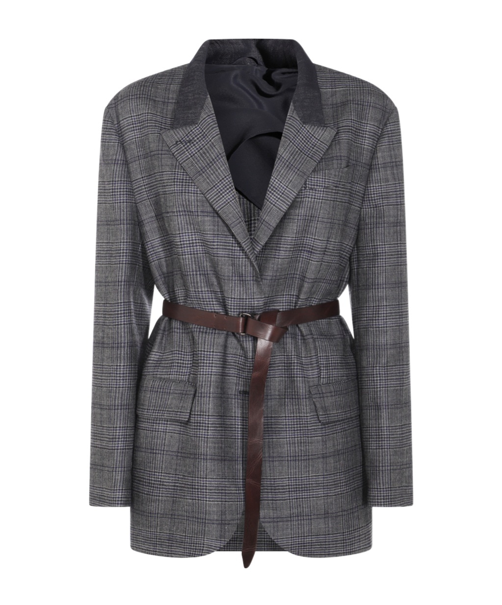 Brunello Cucinelli Waist Belted Checkered Pattern Blazer