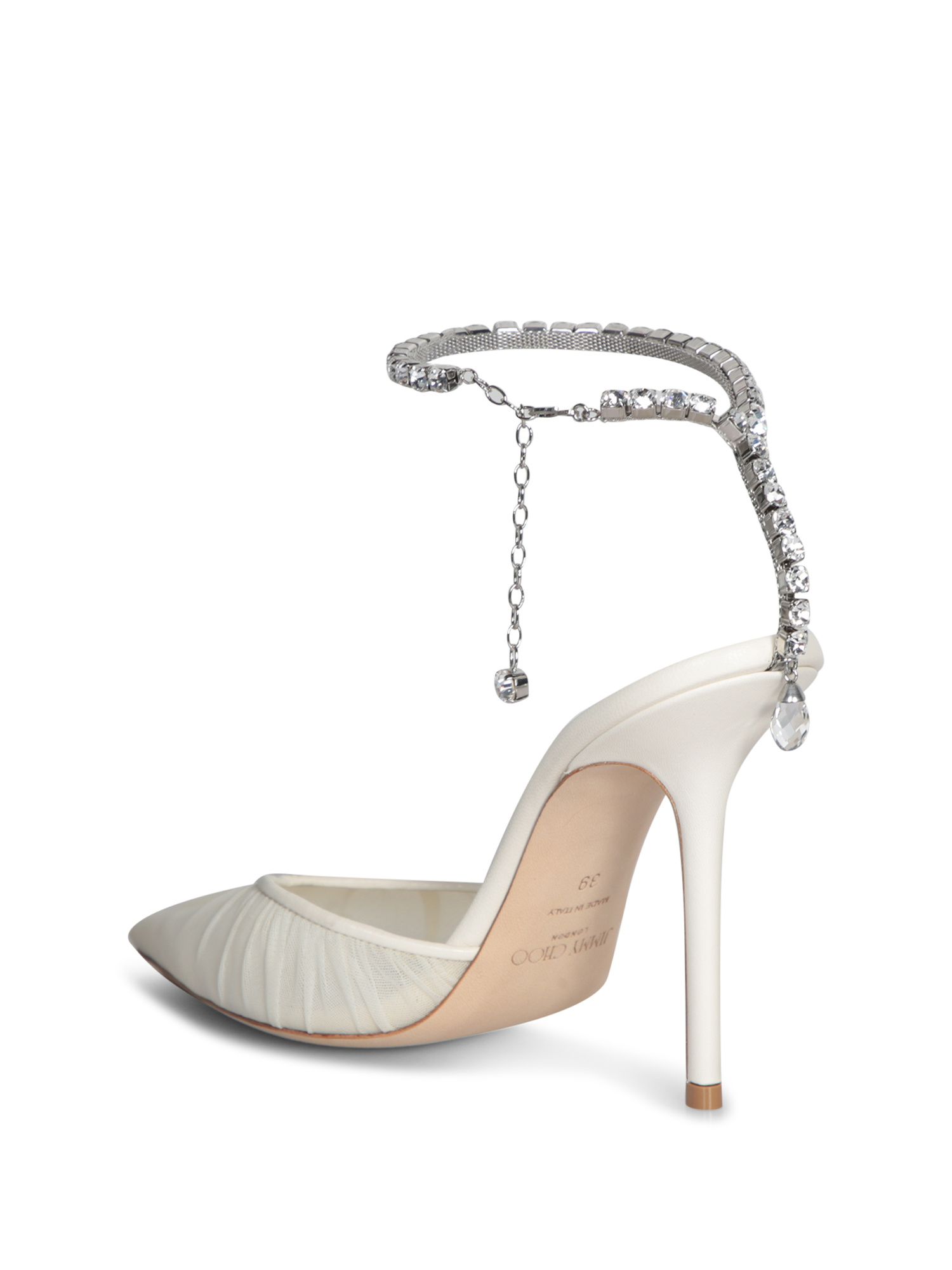 Jimmy Choo Saeda Crystal Ankle Strap Pointed Toe Pump In White