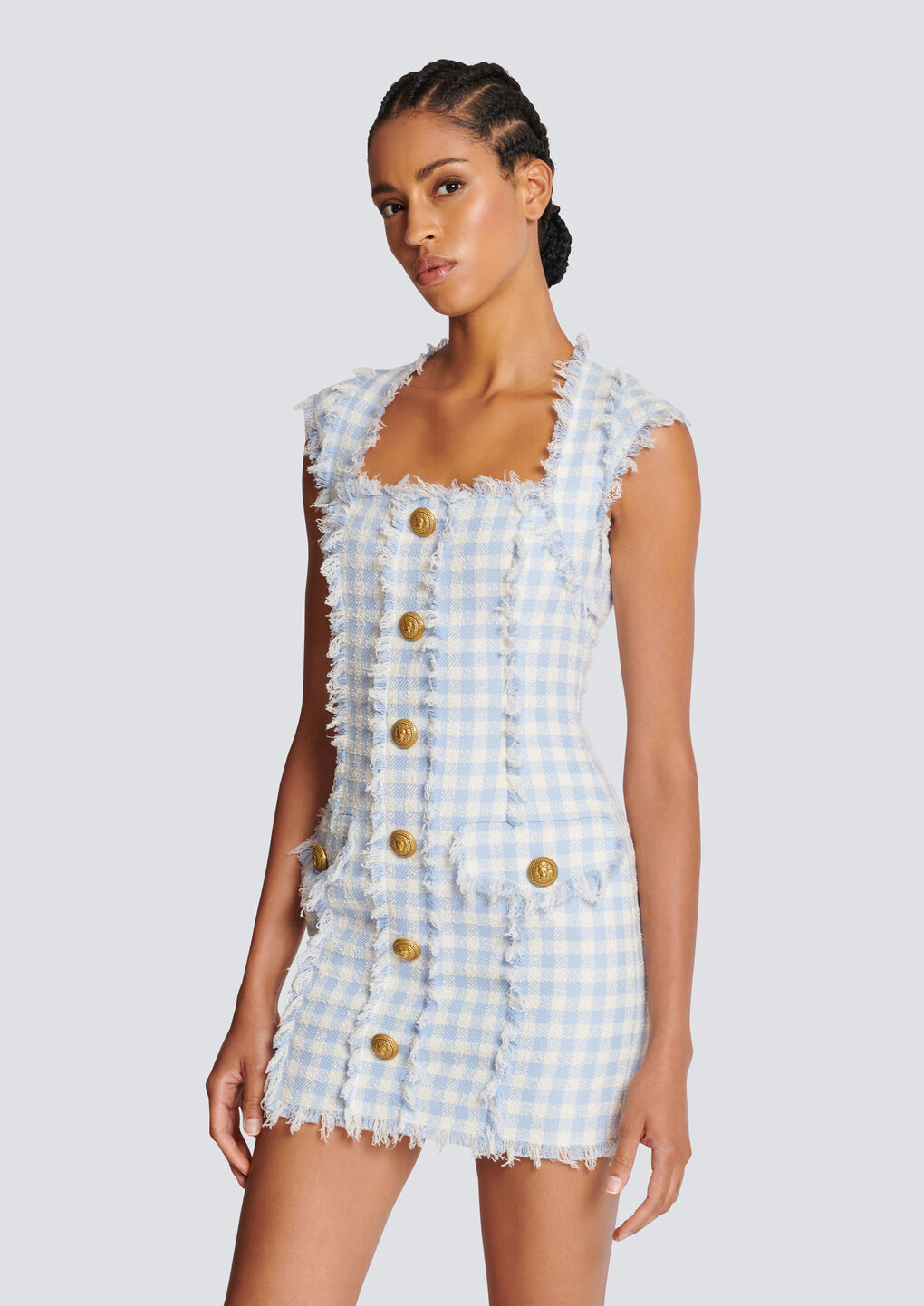 Balmain Frayed Gingham Cotton-blend Tweed Mini Dress In Blue