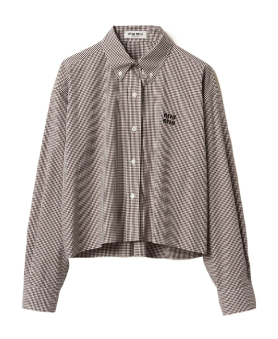 Miu Miu Gingham Cropped Cotton Shirt In Gray