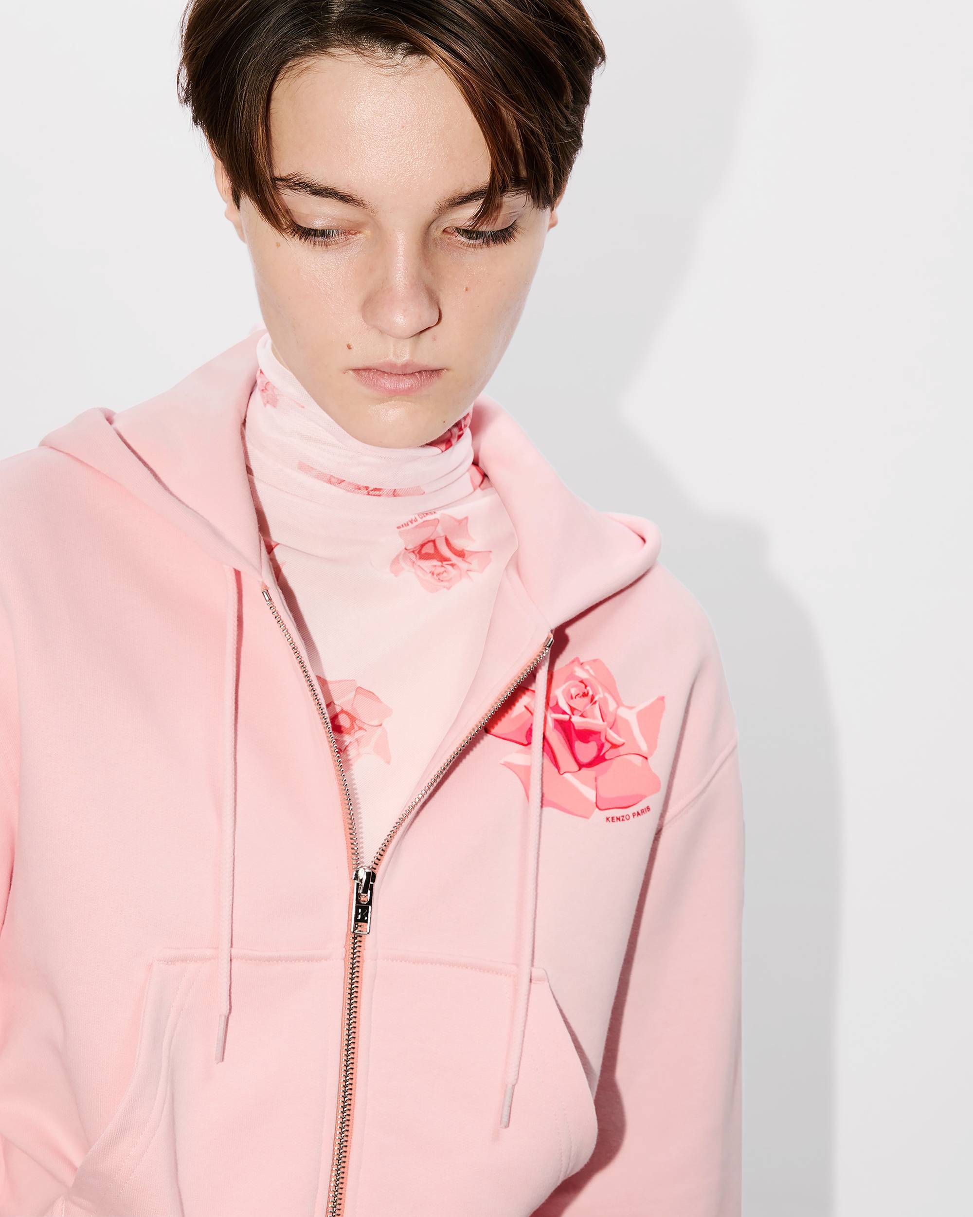 Kenzo Rose-print Zipped Hoodie In Pink