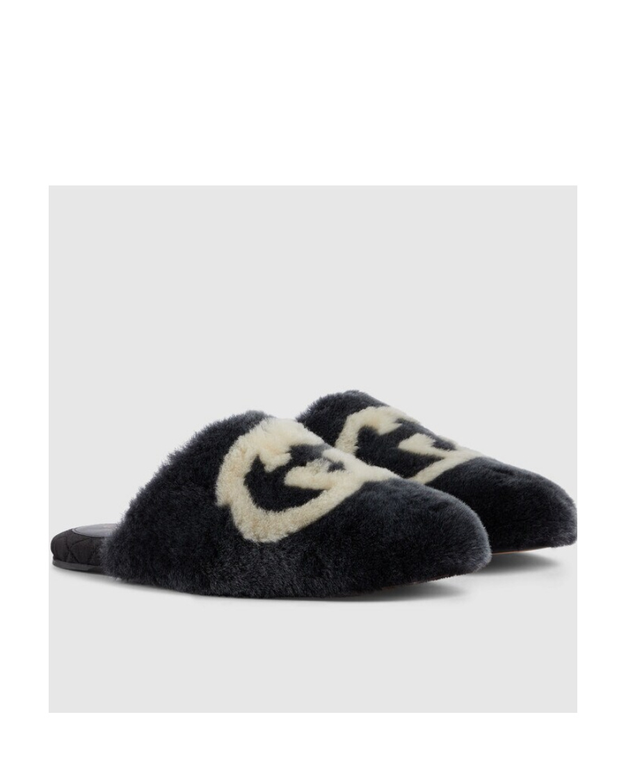 Gucci Interlocking G Faux-fur Slippers In Black