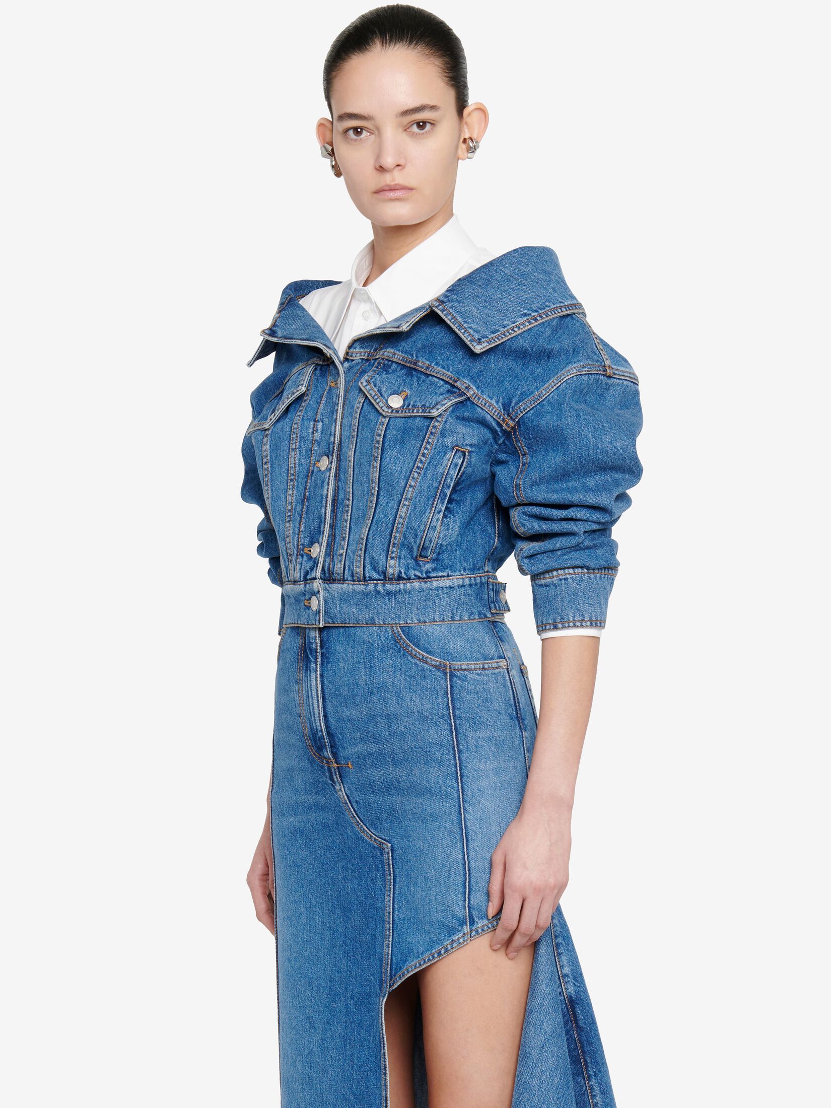 Shop Alexander Mcqueen Cropped Denim Jacket In Blue
