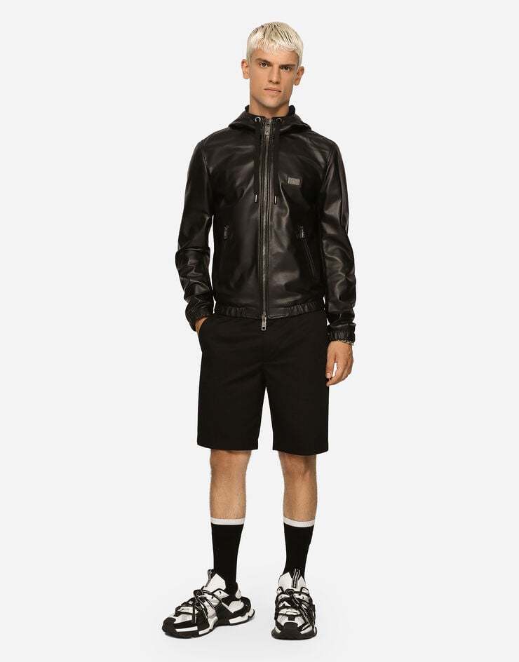 Dolce & Gabbana Leather Jacket With Hood And Branded Tag In Black