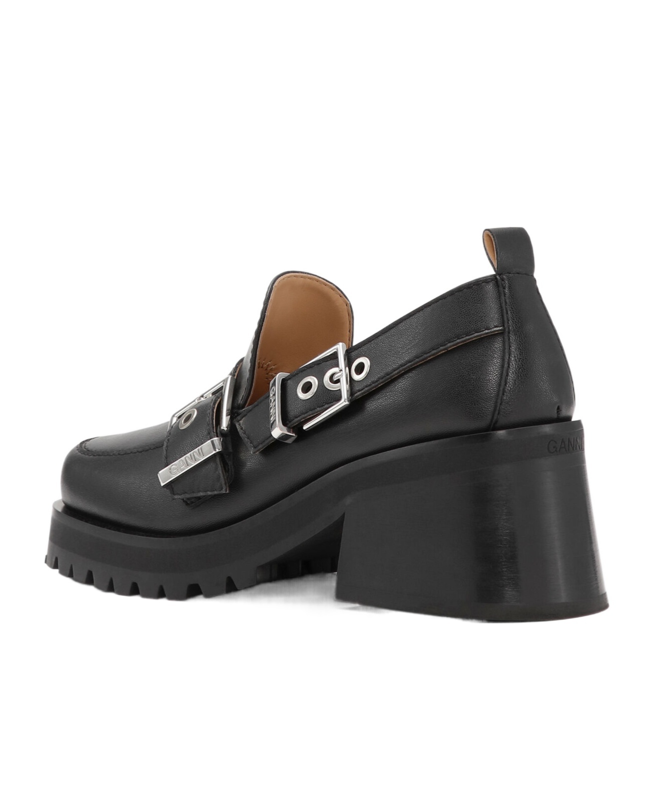 Ganni Loafers Featuring Chunky Heel And Buckle In Black