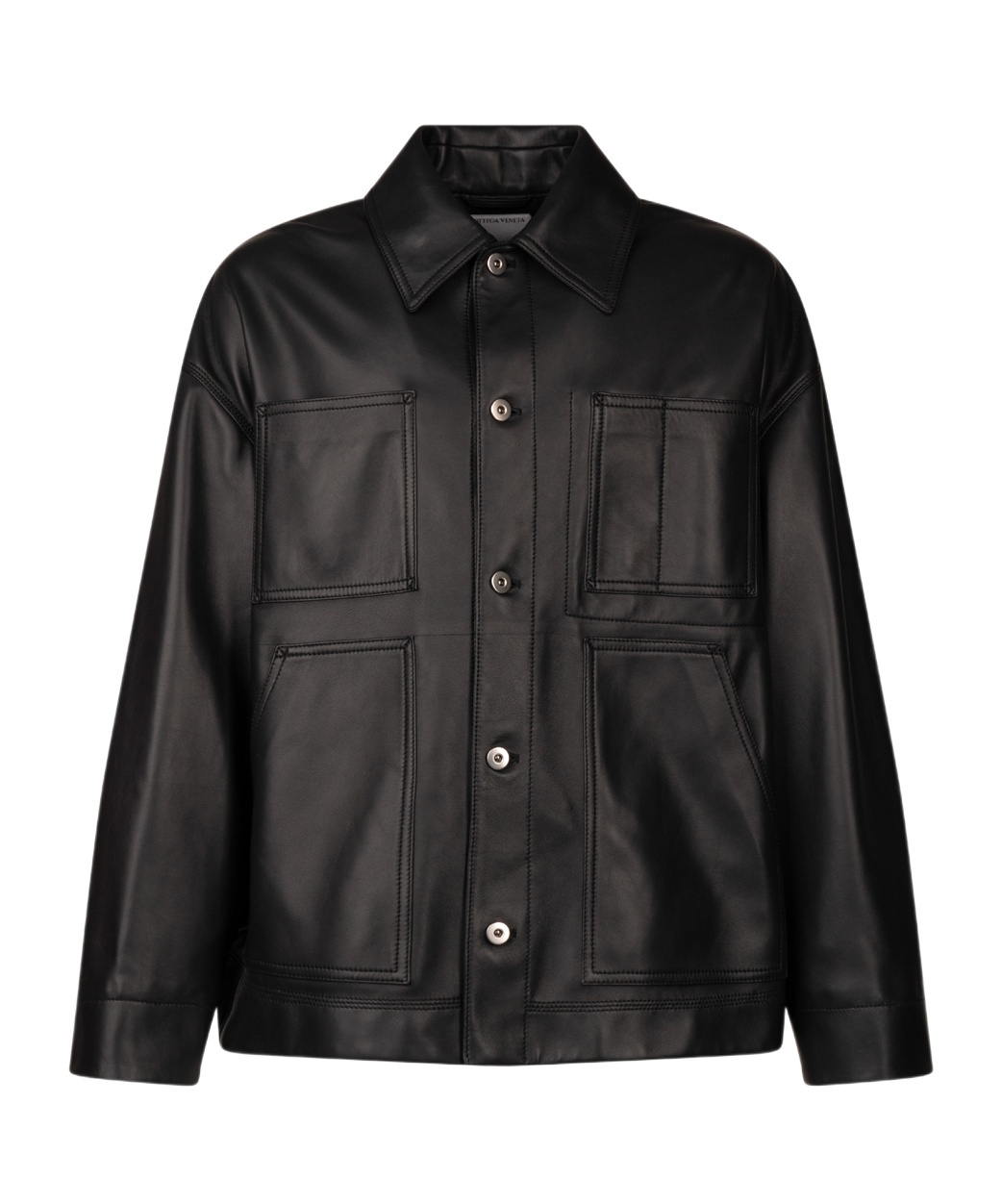 Bottega Veneta Collared Leather Jacket Front Pockets In Black