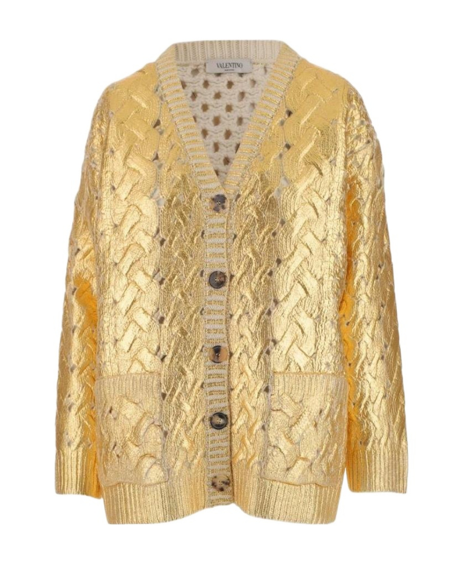 Valentino Metallic-effect V-neck Cardigan In Yellow