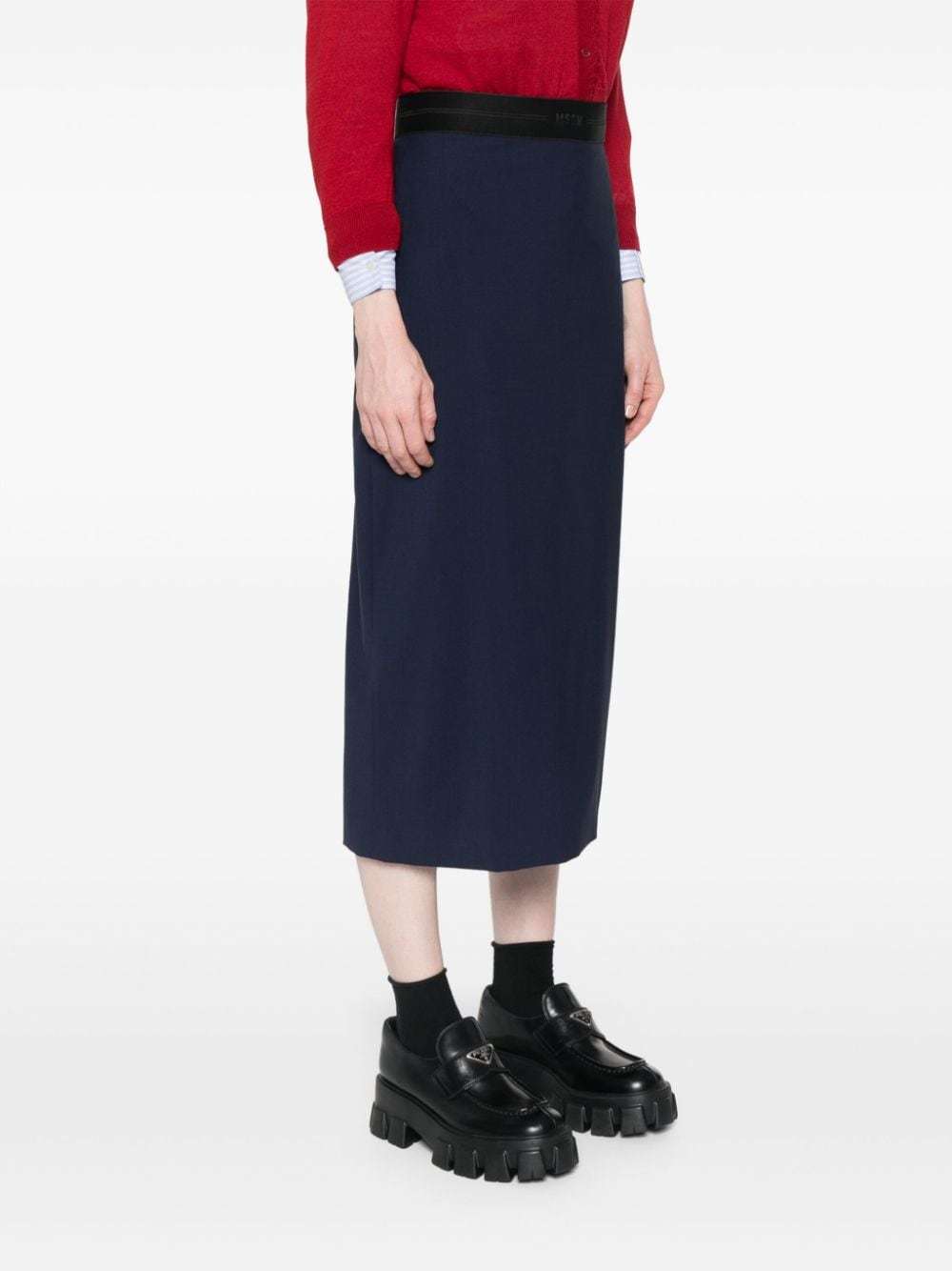 Msgm Calf-length Skirt With Rear Slit And Slub Texture In Black