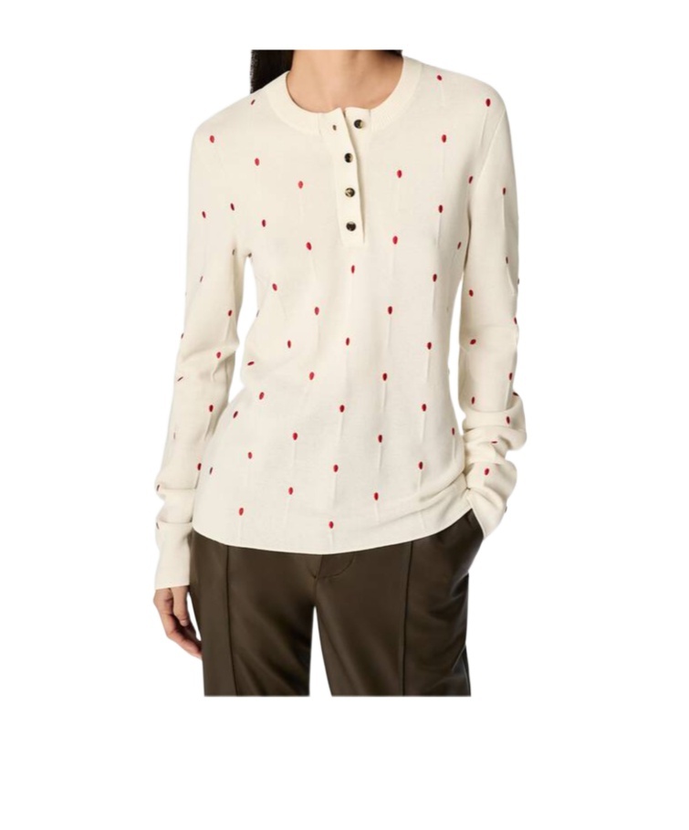 Bottega Veneta Polka Dot Crew Neck Top With Red Embellishment In White