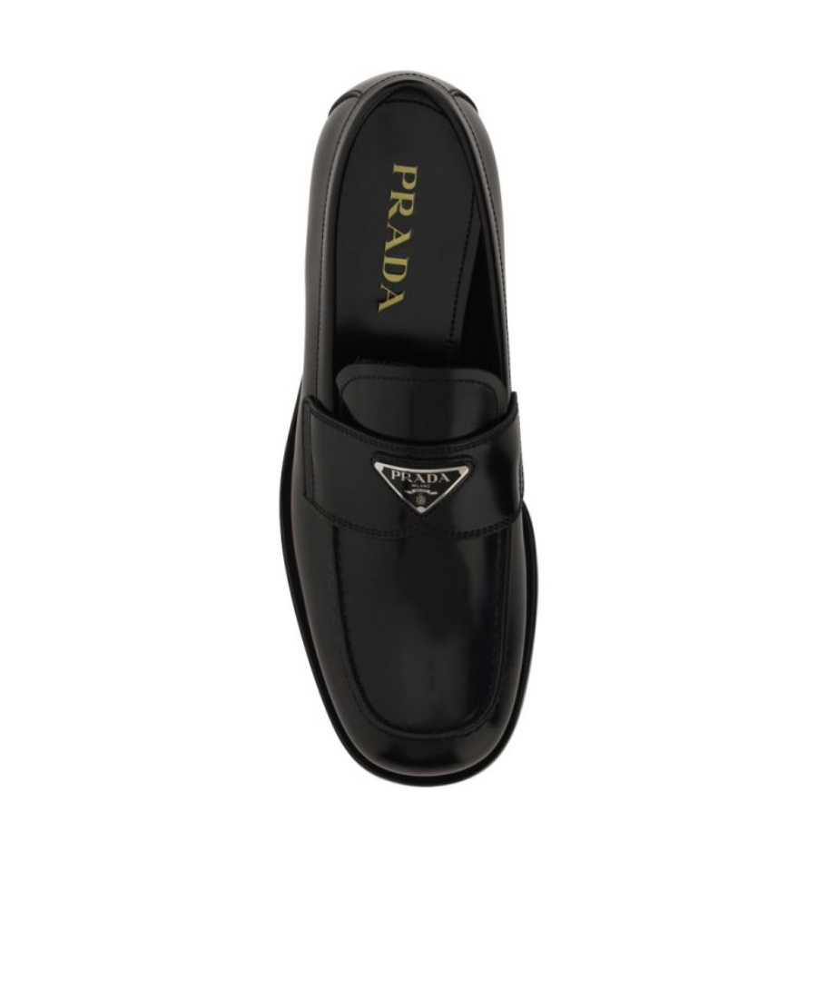 Prada Classic Round Toe Leather Loafers With Low Block Heel In Black