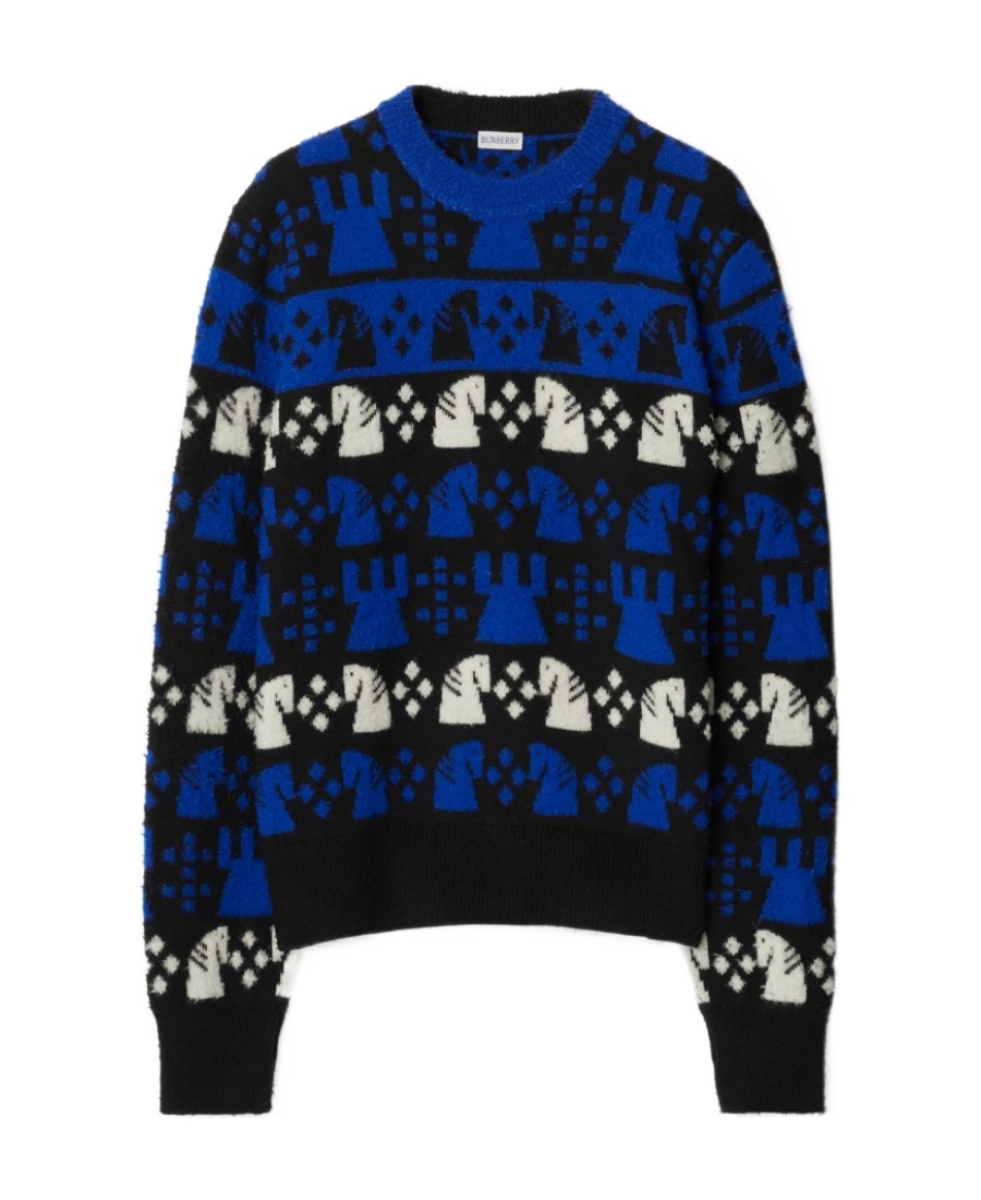 Burberry Geometric Crew Neck Intarsia Knit Sweater In Blue