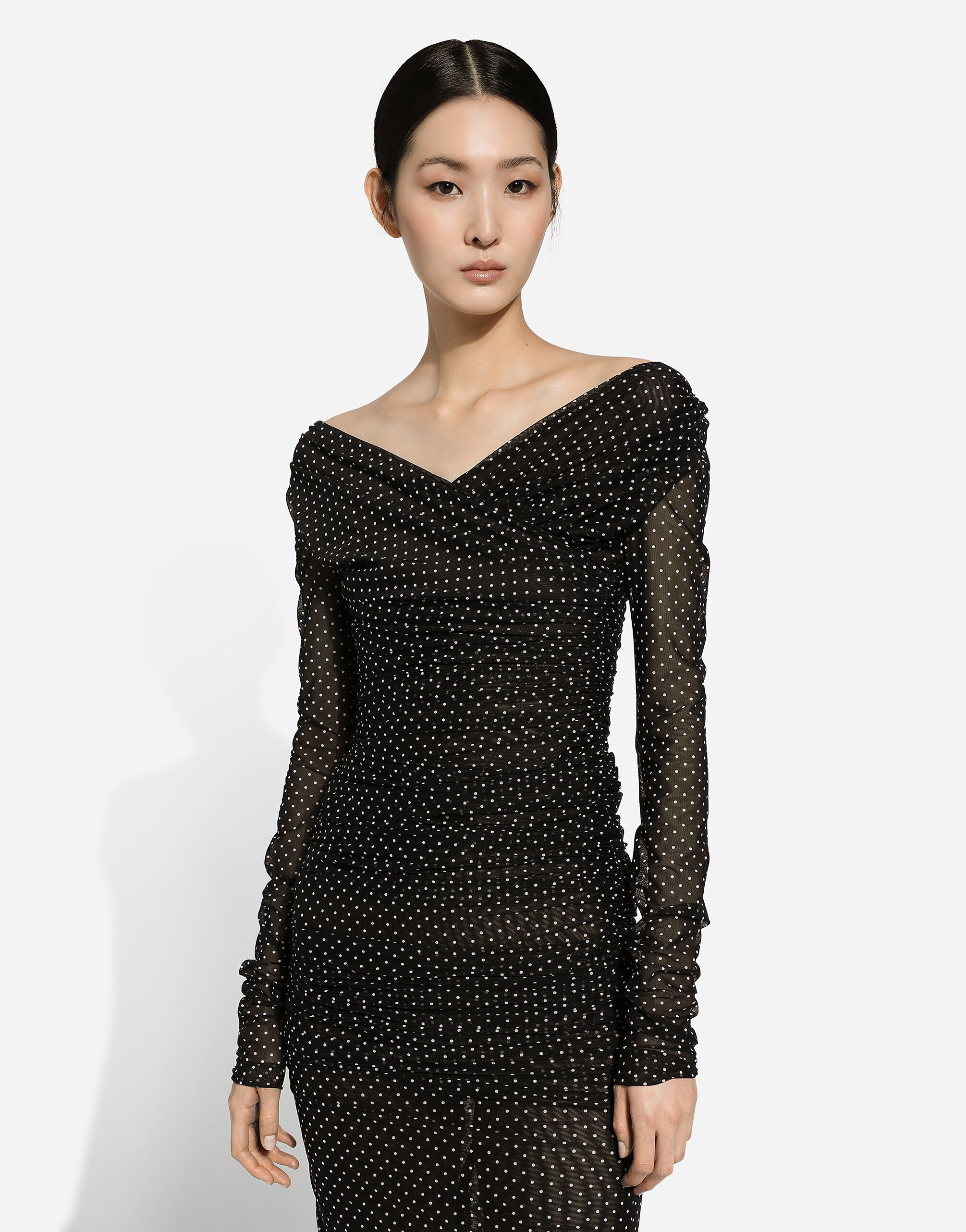 Dolce & Gabbana Tulle Calf-length Dress With Draping And Polka-dot Print In Black
