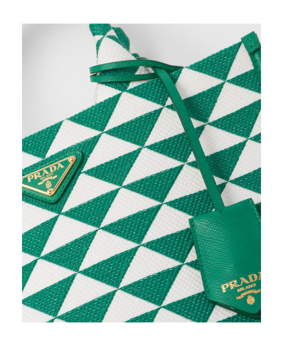 Prada Women Embroidered Fabric Small Symbole Shopping Bag In Mango Color