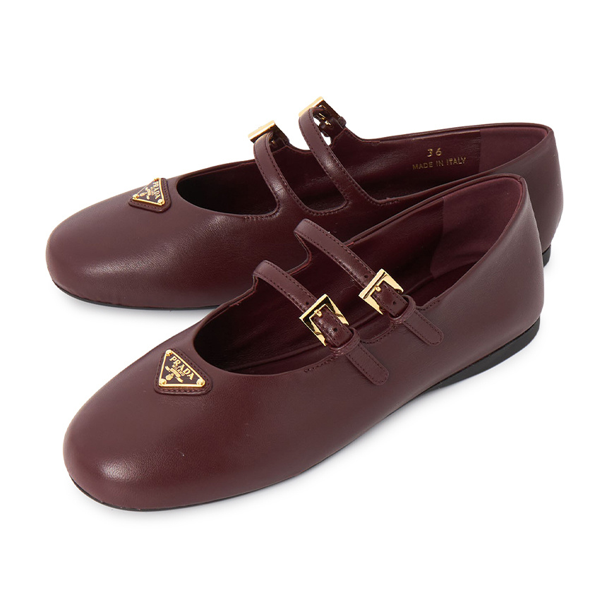 Prada Triangle Logo Leather Ballet Flats In Brown