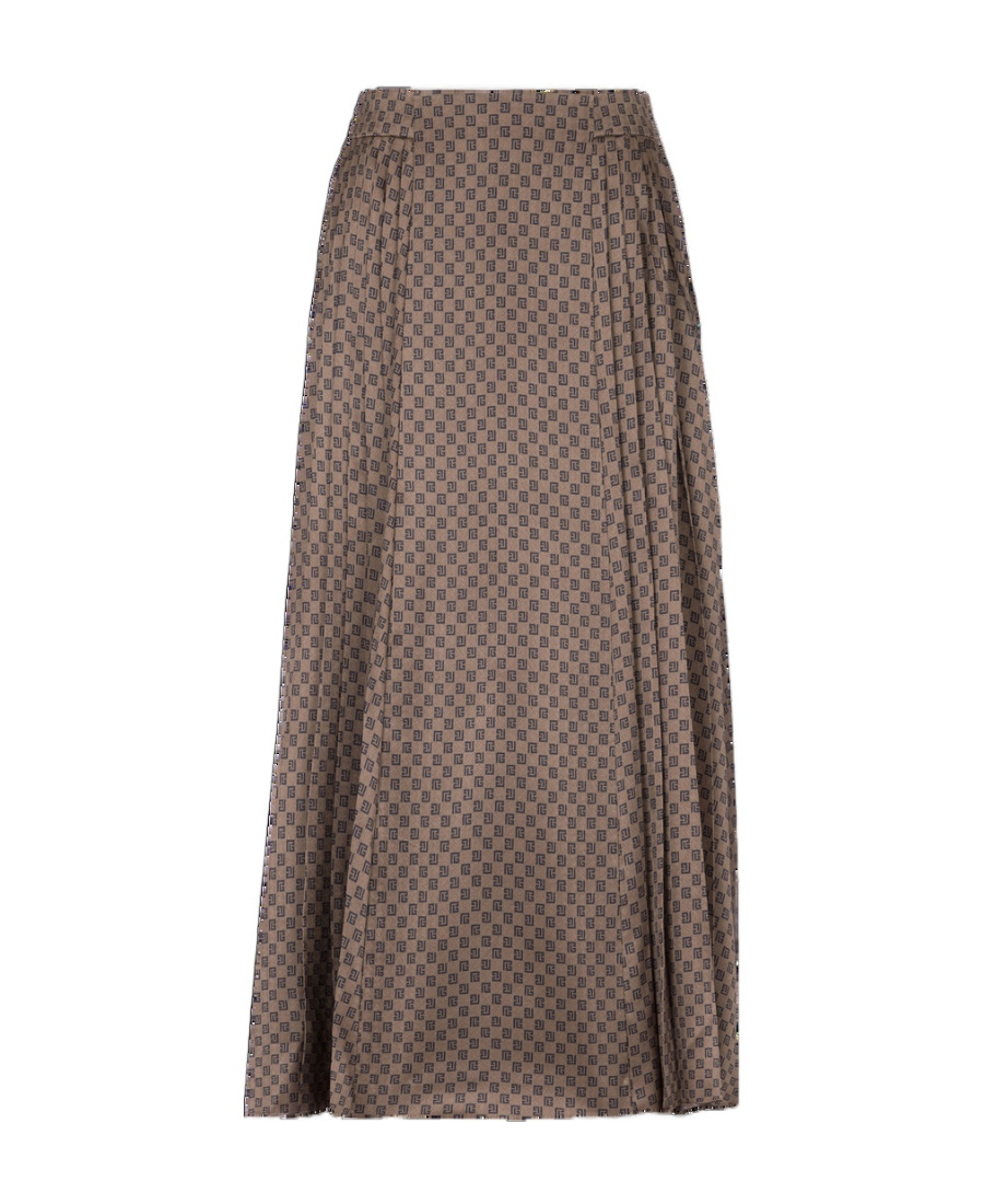 Balmain Monogram-print Pleated Midi Skirt In Brown