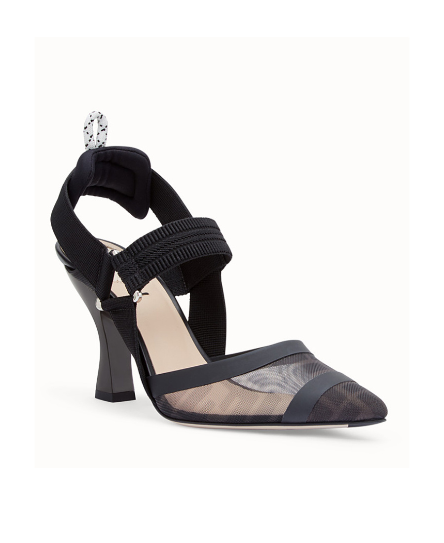 FENDI BLACK LEATHER AND MESH, HIGH-HEELED SLINGBACKS 
