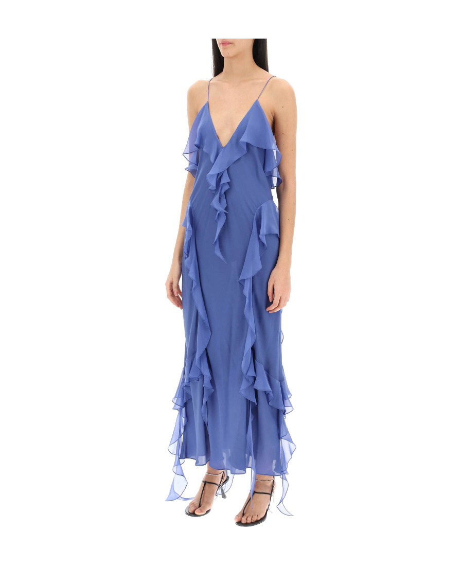 Khaite Pim Cascading-ruffles Sleeveless Maxi Dress In Blue