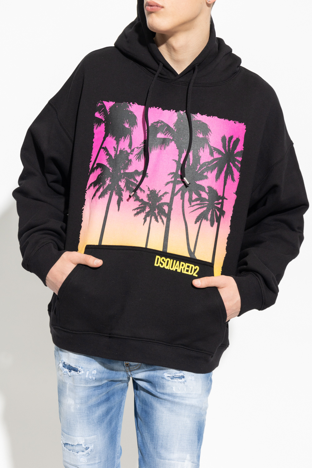 Dsquared2 Palm-tree Print Cotton Hoodie In Black