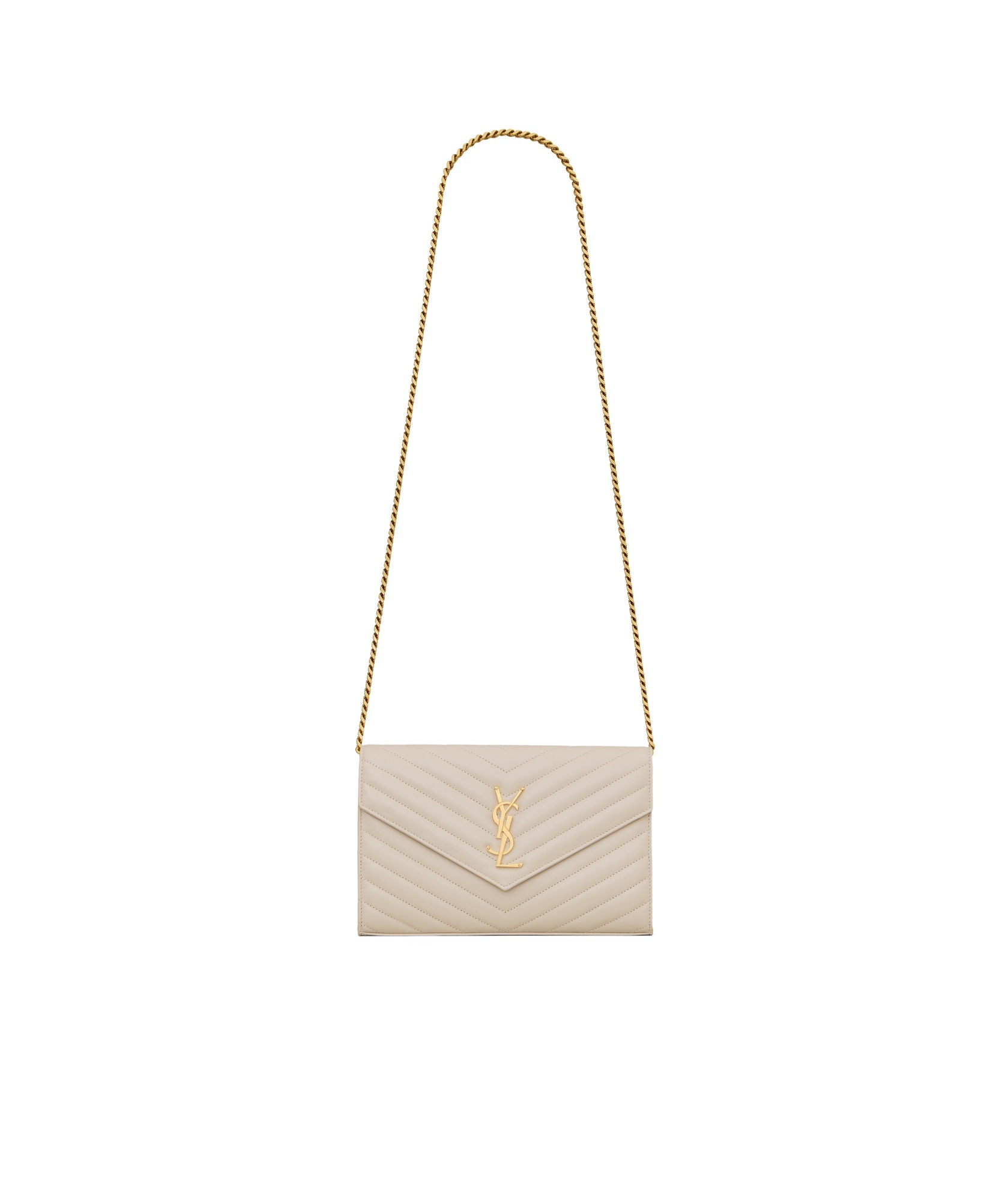 Saint Laurent Cassandre Envelope Leather Chain Wallet In Nude