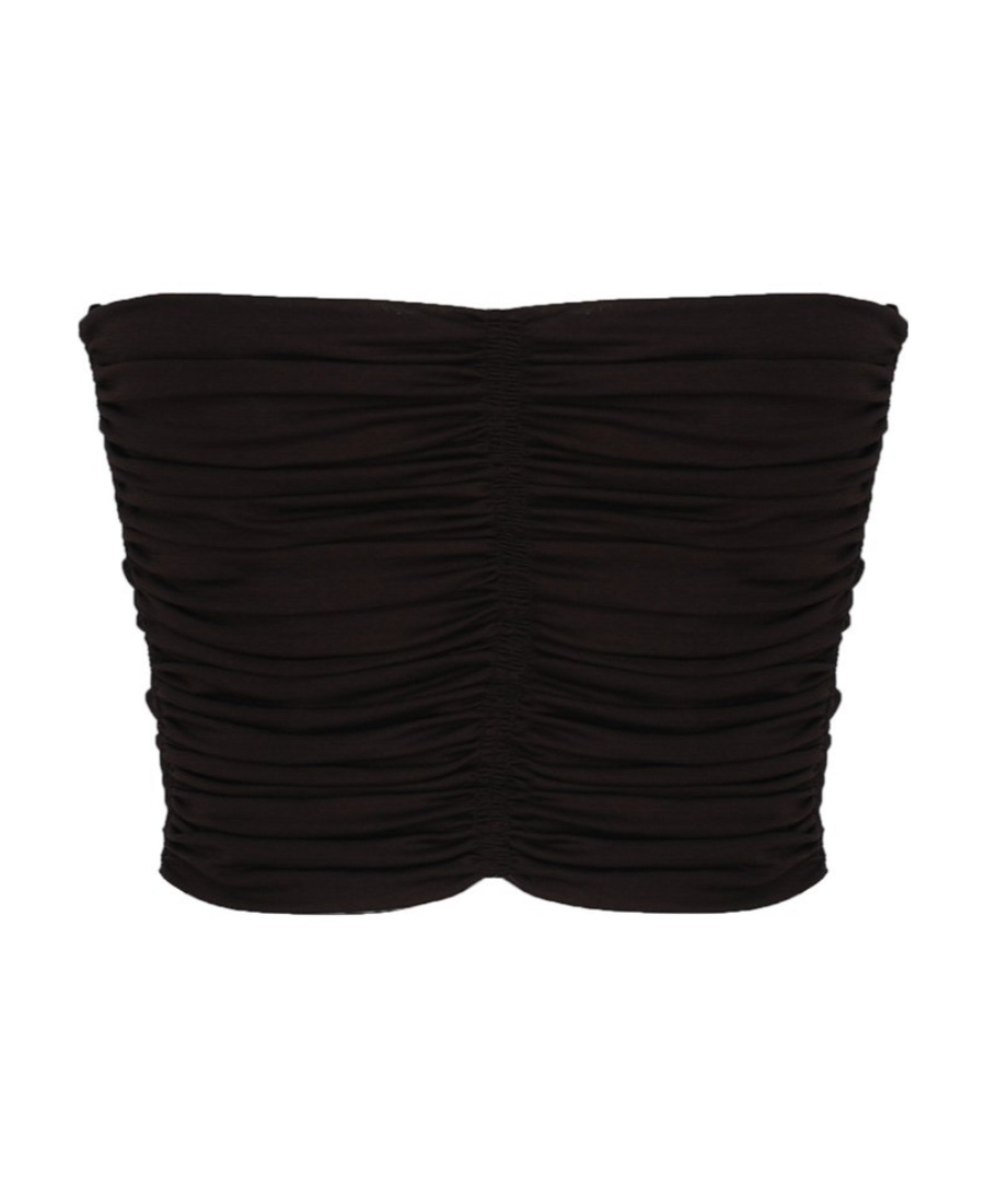 Shop Saint Laurent Ruched Strapless Top In Black