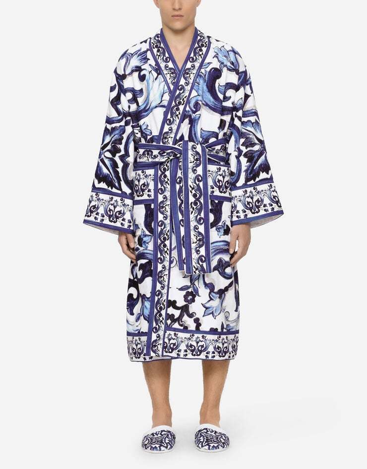 Dolce & Gabbana Graphic-print Long Sleeve Bath Robe In Blue