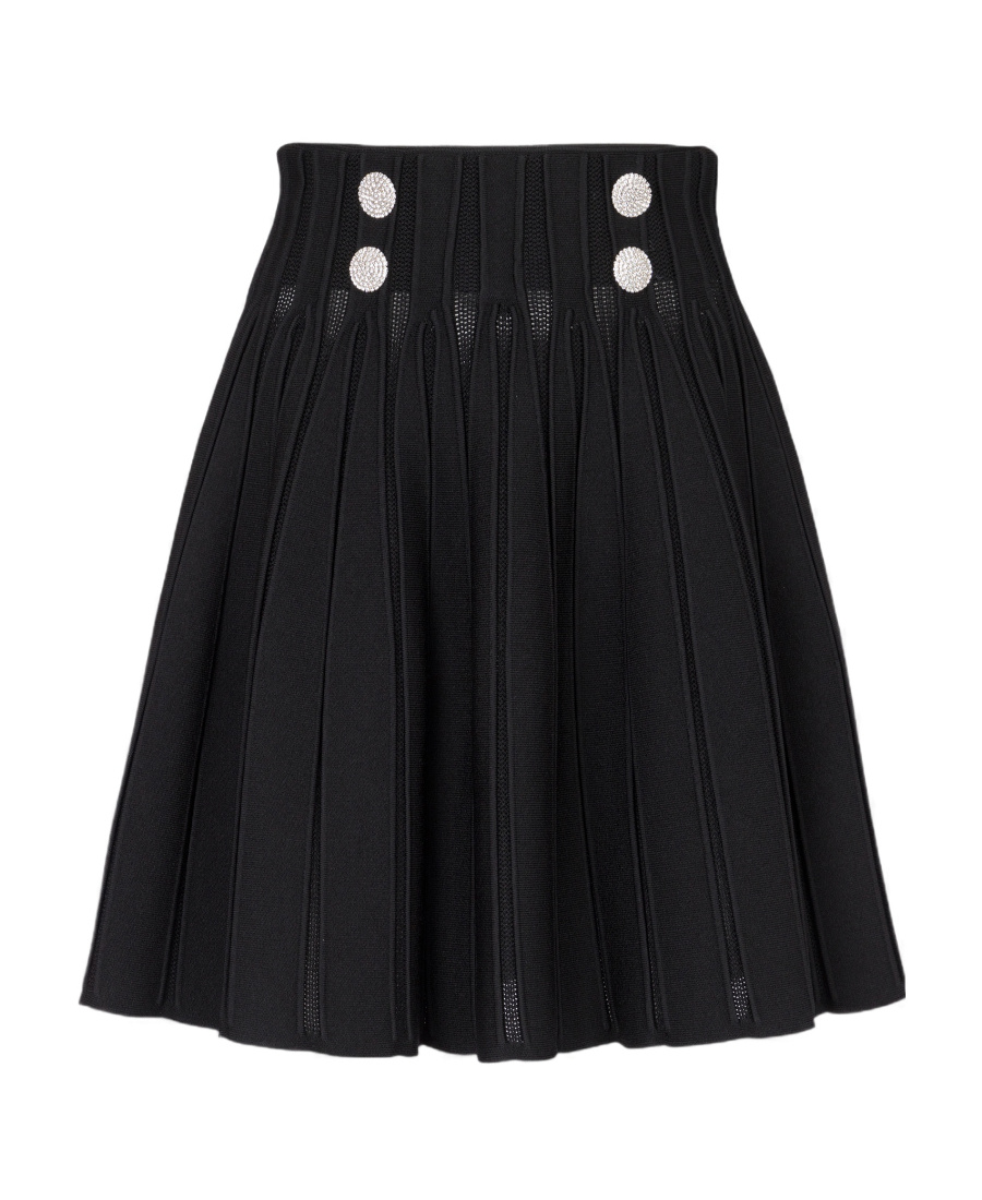 Balmain Double-breasted Rib Knit Flare Mini Skirt In Black