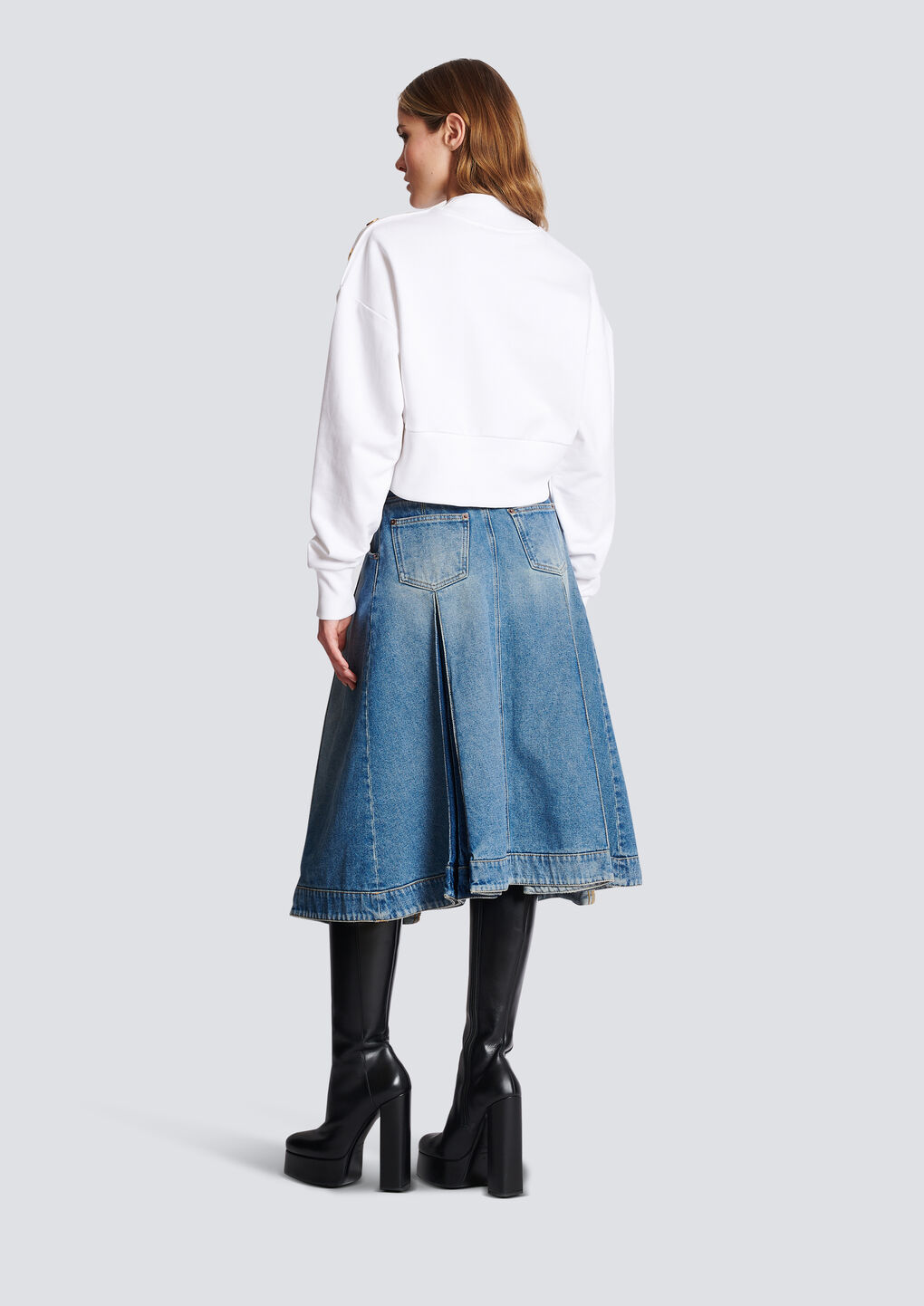 Balmain 3-button Flocked Logo-print Crop Sweatshirt In White